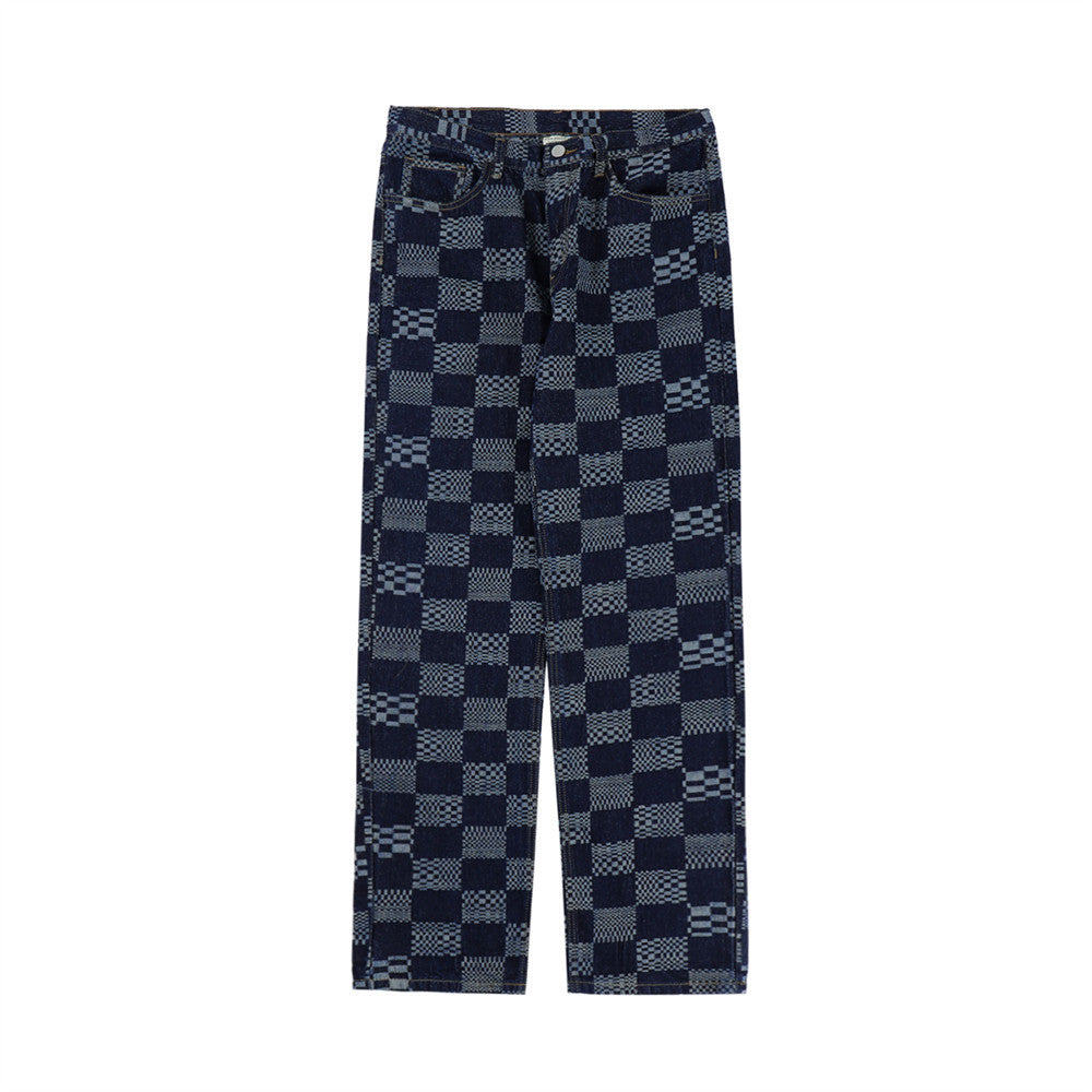 Fashion Checkerboard Jacquard Jeans Blue