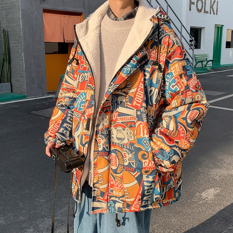 Casual Hip Hop Graffiti Cotton Coat Jacket Yellow