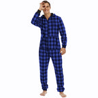 Flannel Check Hooded One-piece Pajamas Blue