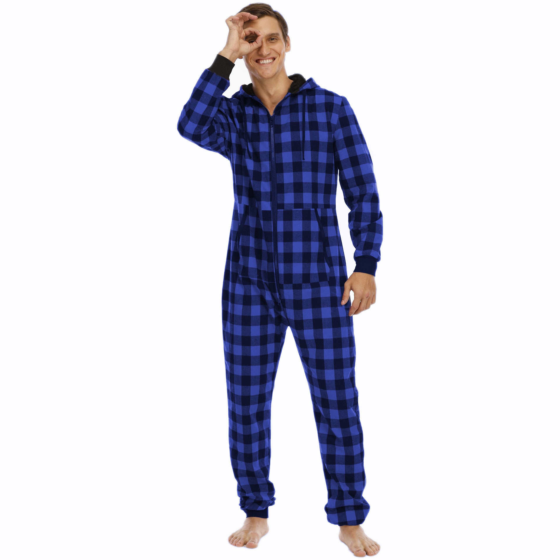 Flannel Check Hooded One-piece Pajamas Blue