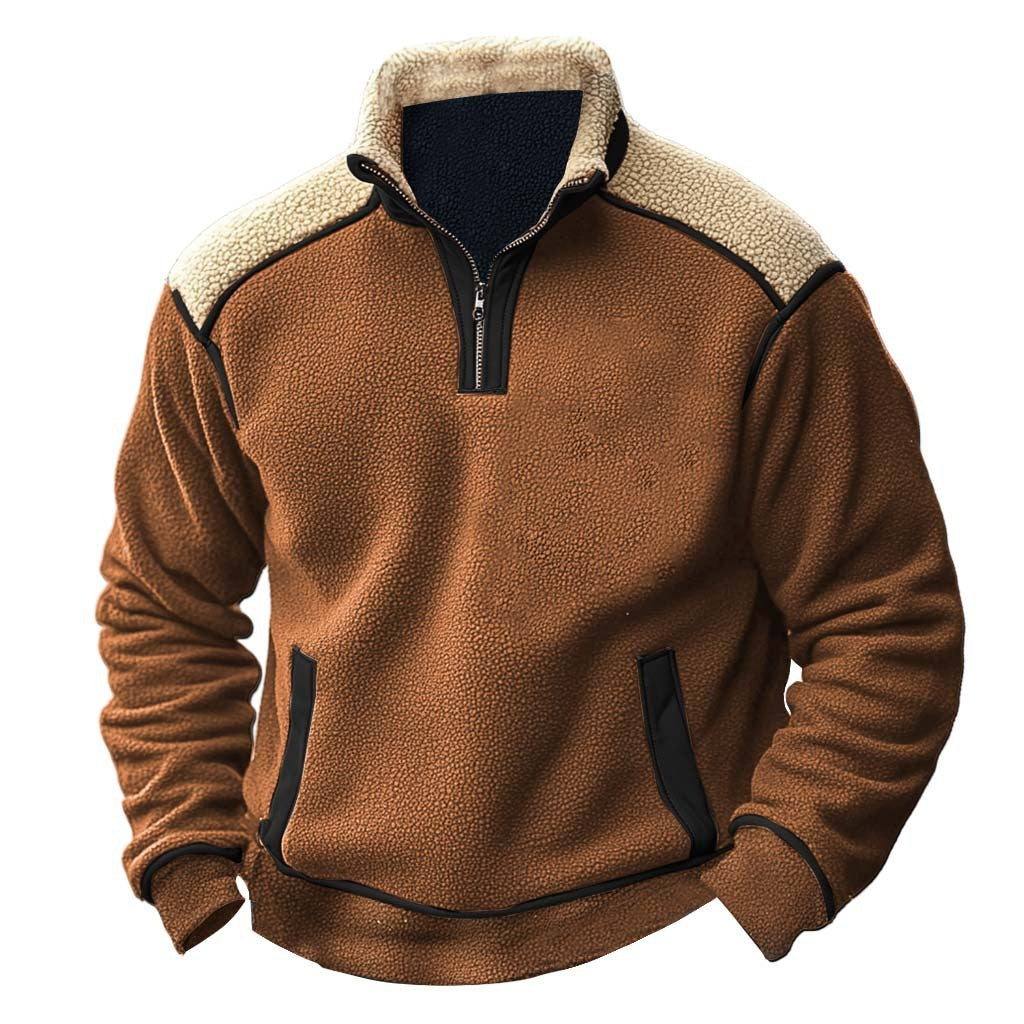 Color Stitching Stand-collar Lambswool Zipper Sweater Caramel Color