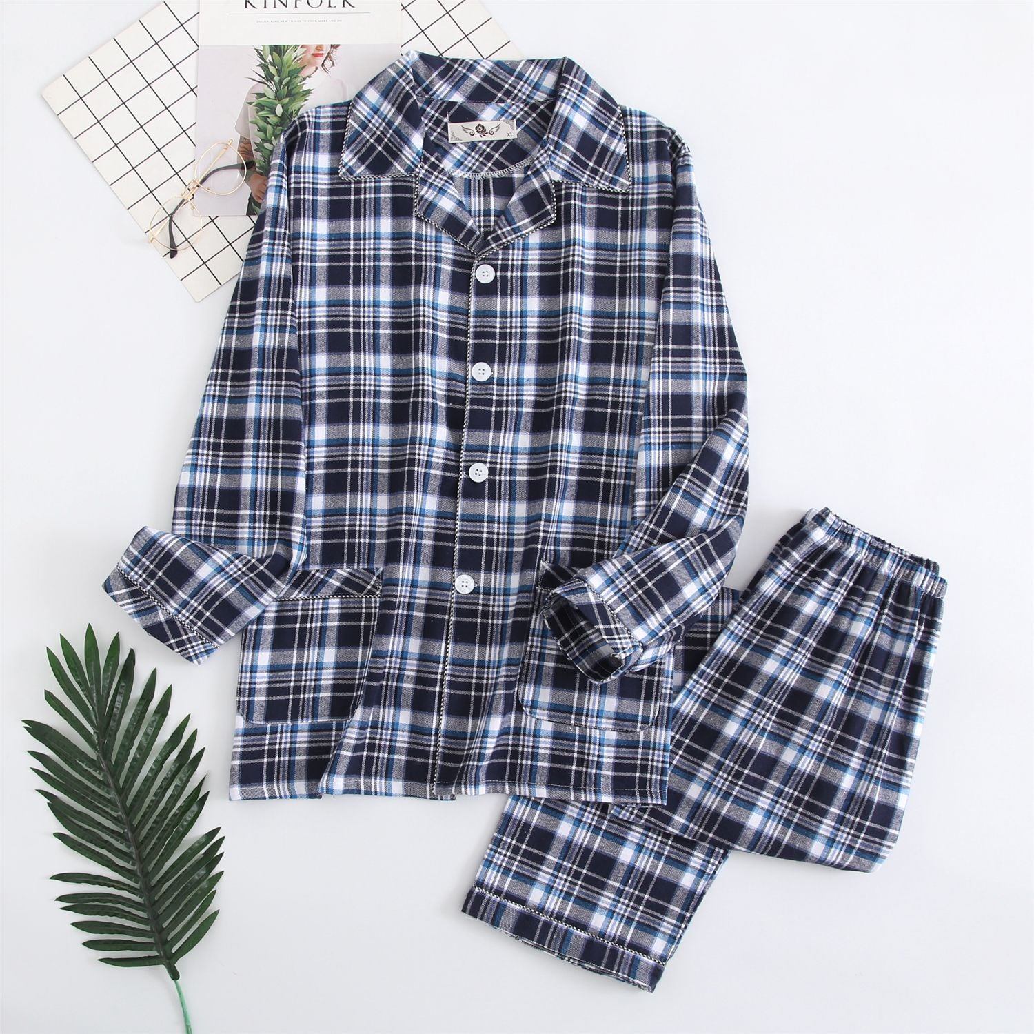 Warm Cloth Flannel Pajama Suit Blue stripe