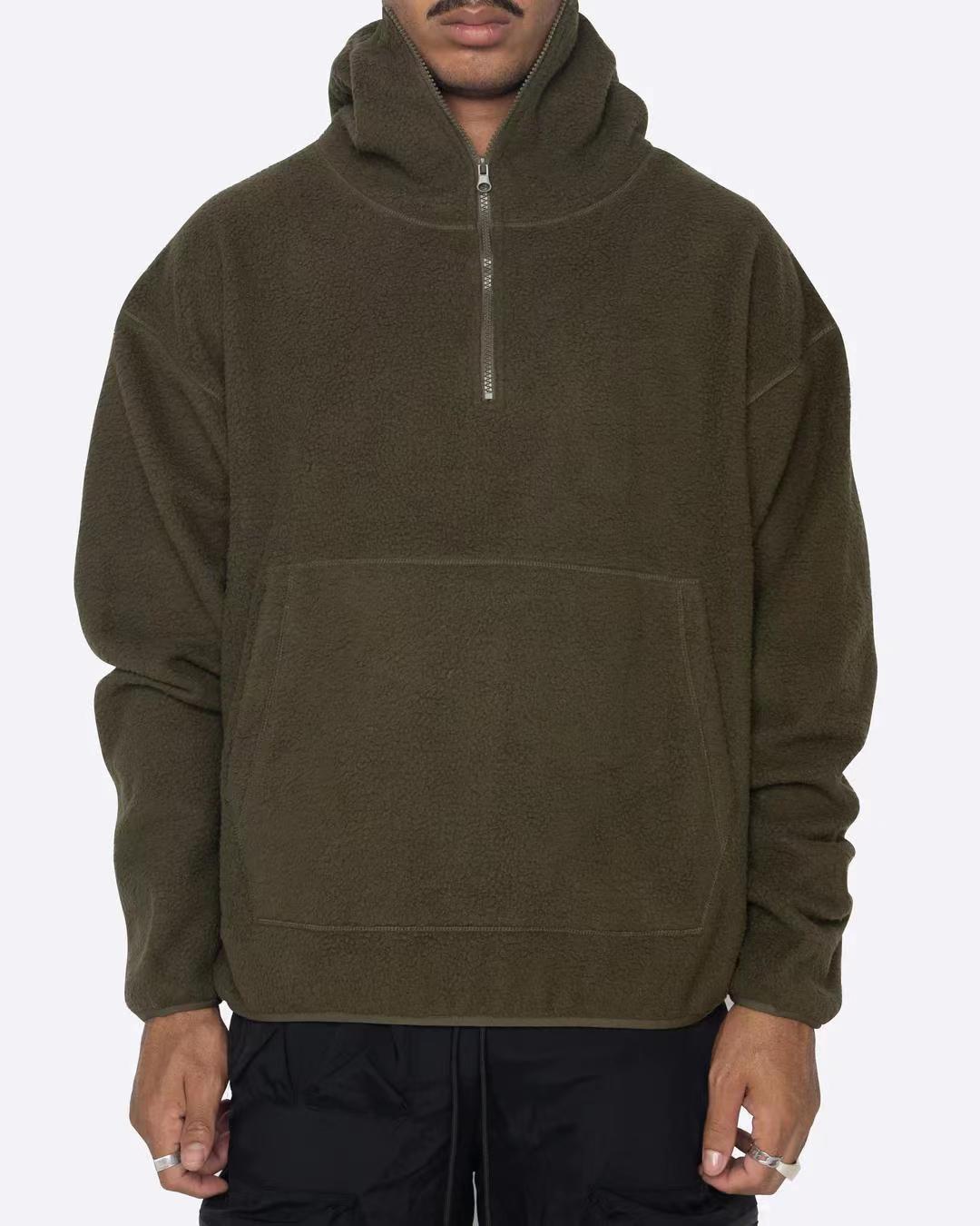 Trendy Casual Brushed Hoody Zipper Army Green