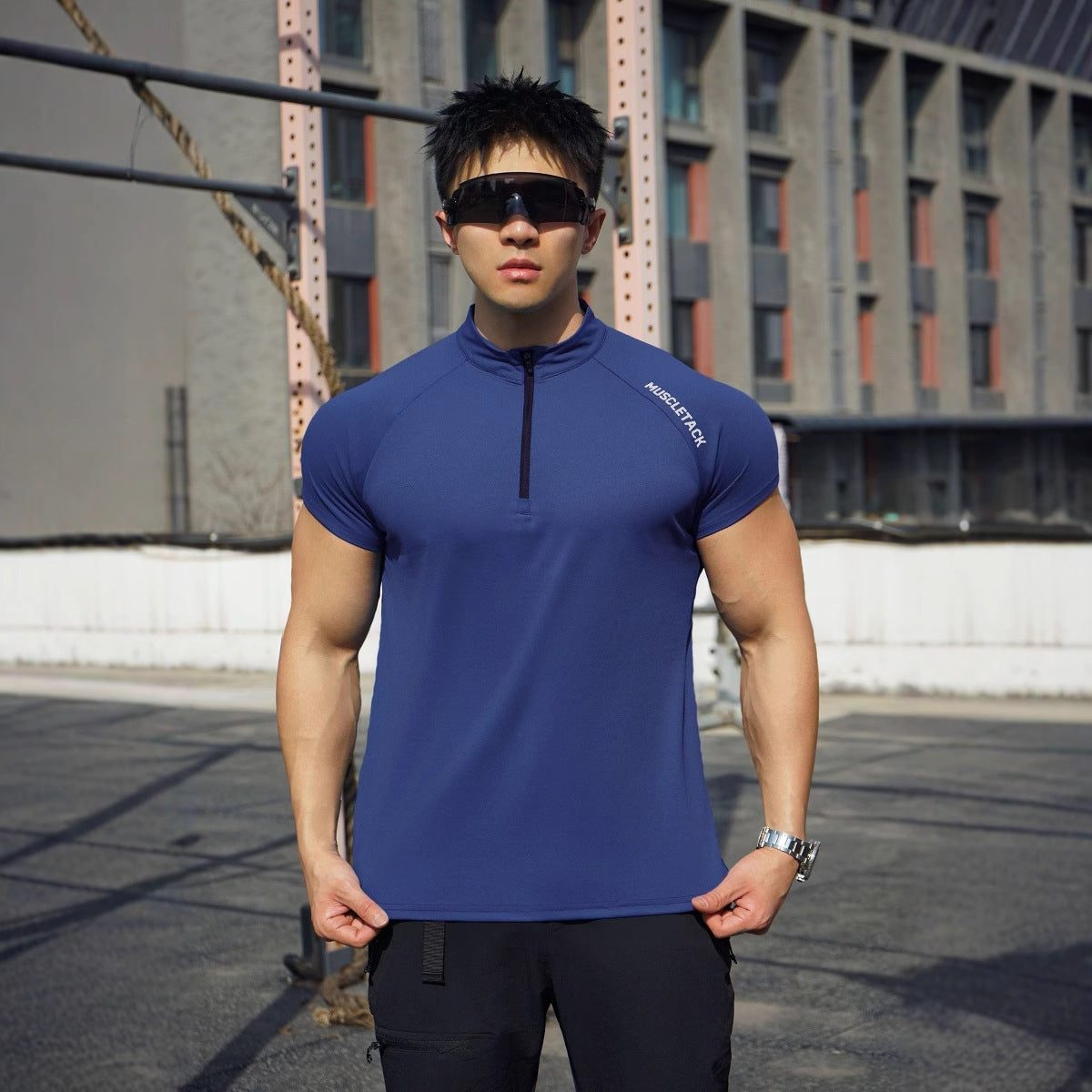 Sports Half Zipper Stand Collar T-shirt Navy Blue