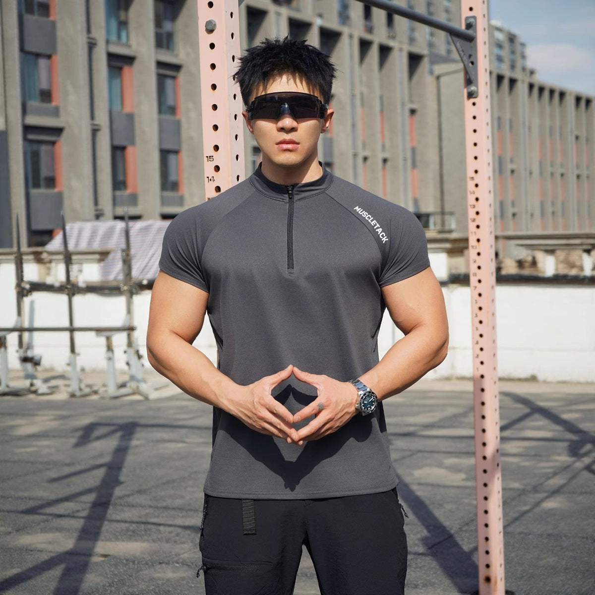 Sports Half Zipper Stand Collar T-shirt Carbon Gray