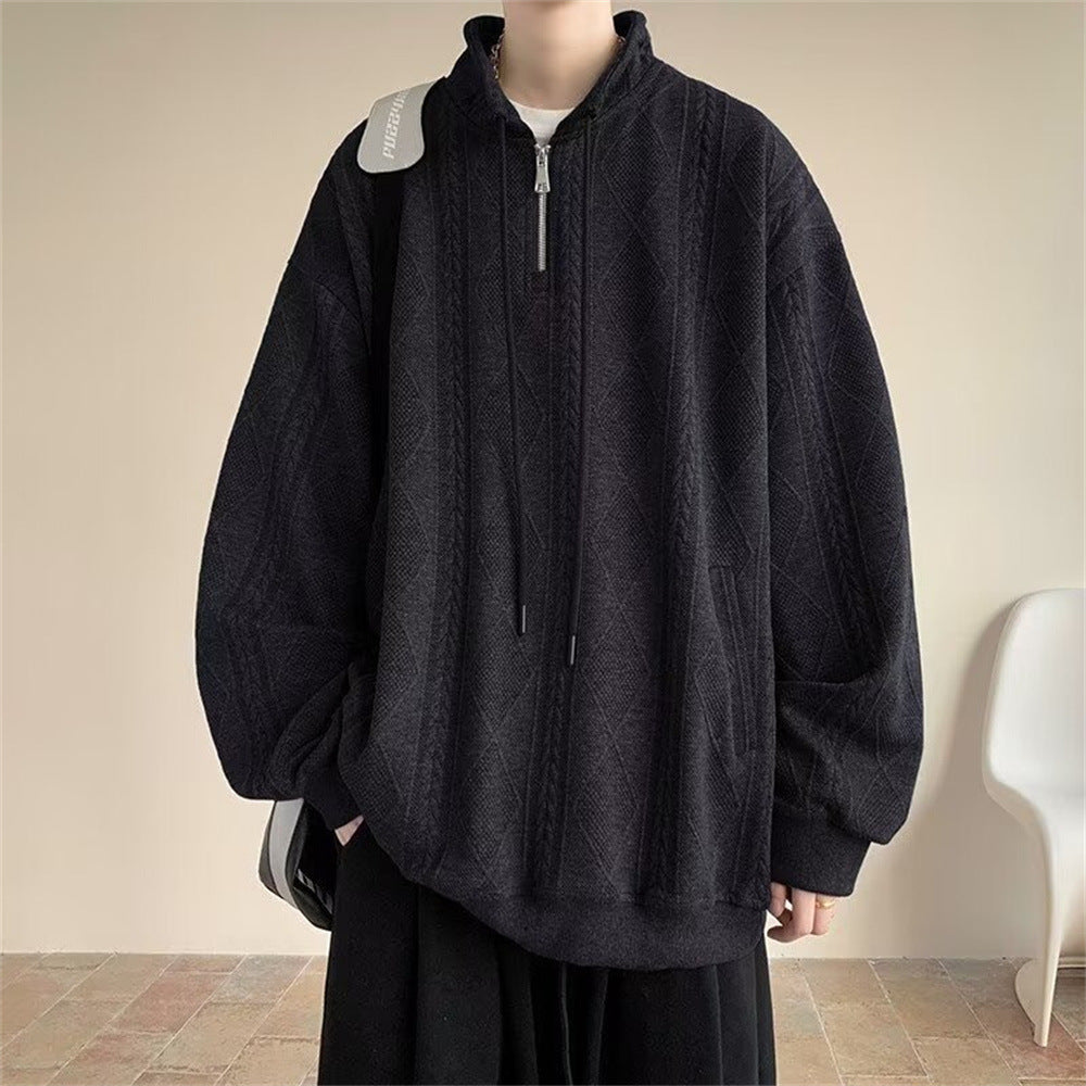 Half Zipper Creamy-white Jacquard Stand Collar Sweater