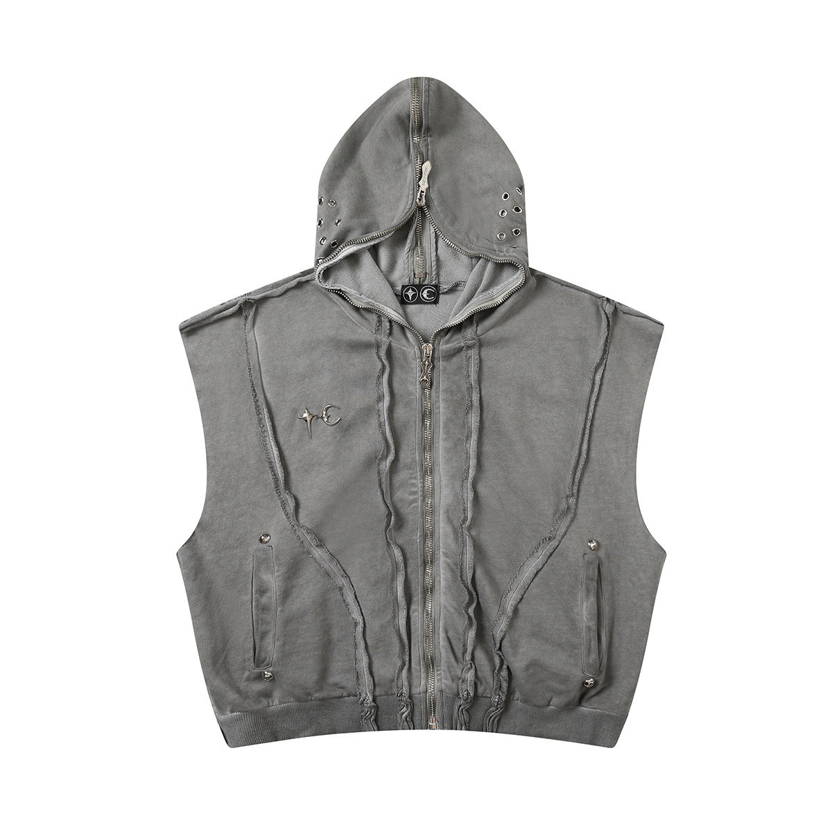 Wash Dirty Dyed Patchwork Sweater Short Sleeveless Hoodie