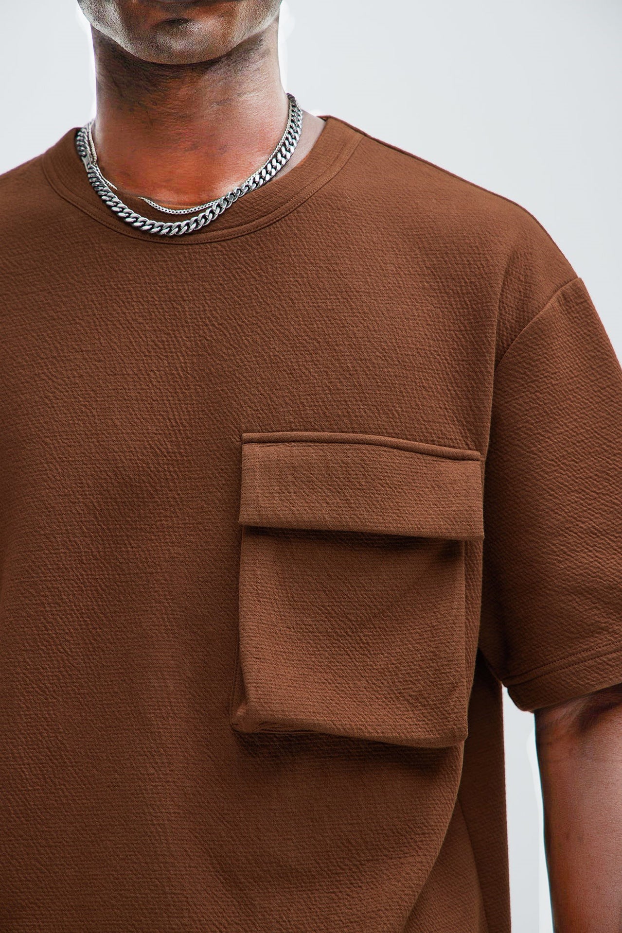 Patch Pocket Champray Crew Neck Casual Loose 5-point Sleeve Top Brown