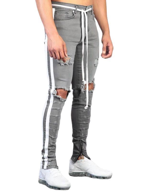 Cross Knee Ripped Zipper Jeans Grey