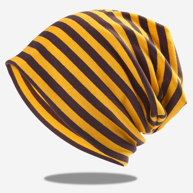 Big Head Circumference Trendy Men Pure Cotton Breathable Pullover Hat Yellow Strip Free Size Flexible