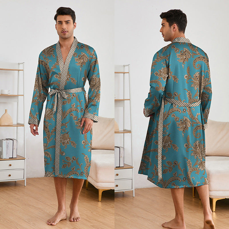 Printing Robes Long Sleeve Shorts Suit Lake Green Brown Flower