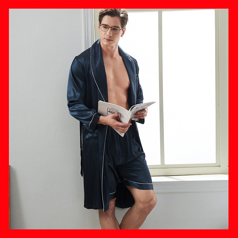 Long-sleeved Nightgown Ice Silk Shorts Navy Blue
