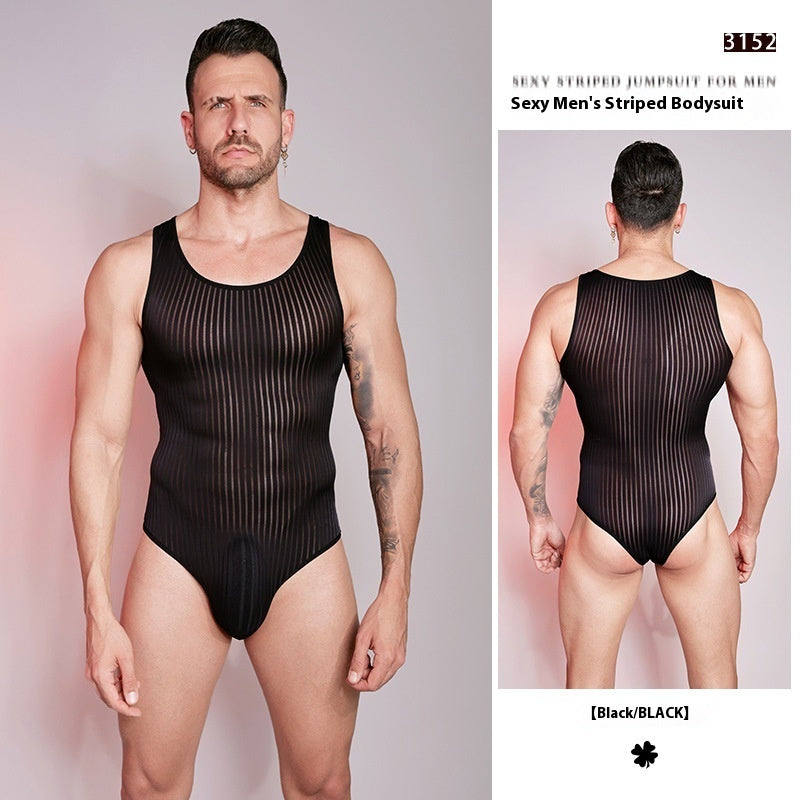 Elastic Vertical Bar Comfortable Fierce Men's One-piece Black Without Underpants Free Size