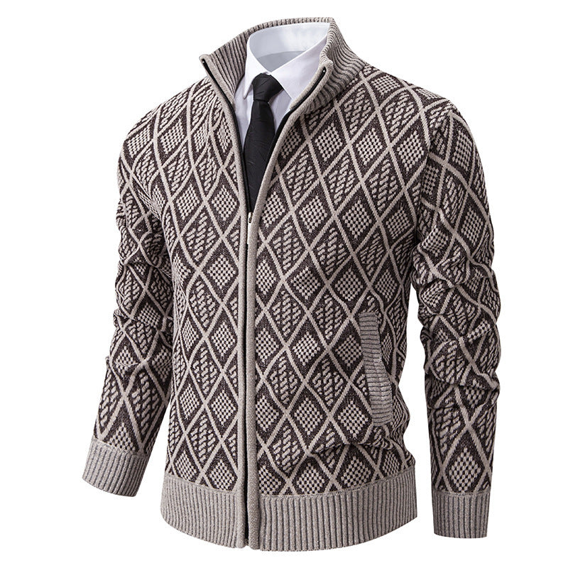 Fleece-lined Thickening Stand Collar Sweater Korean Style Casual Zipper Sweater Light Gray