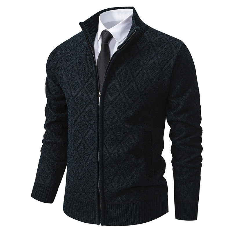 Fleece-lined Thickening Stand Collar Sweater Korean Style Casual Zipper Sweater Navy Blue