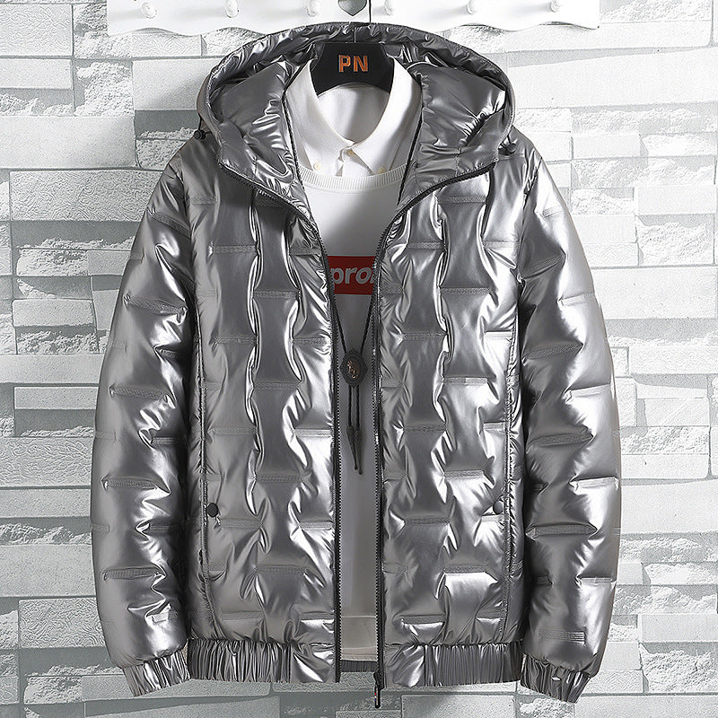 Winter Warm Men's New Hooded Jacket Casual Shiny Cotton Coat Short Silver