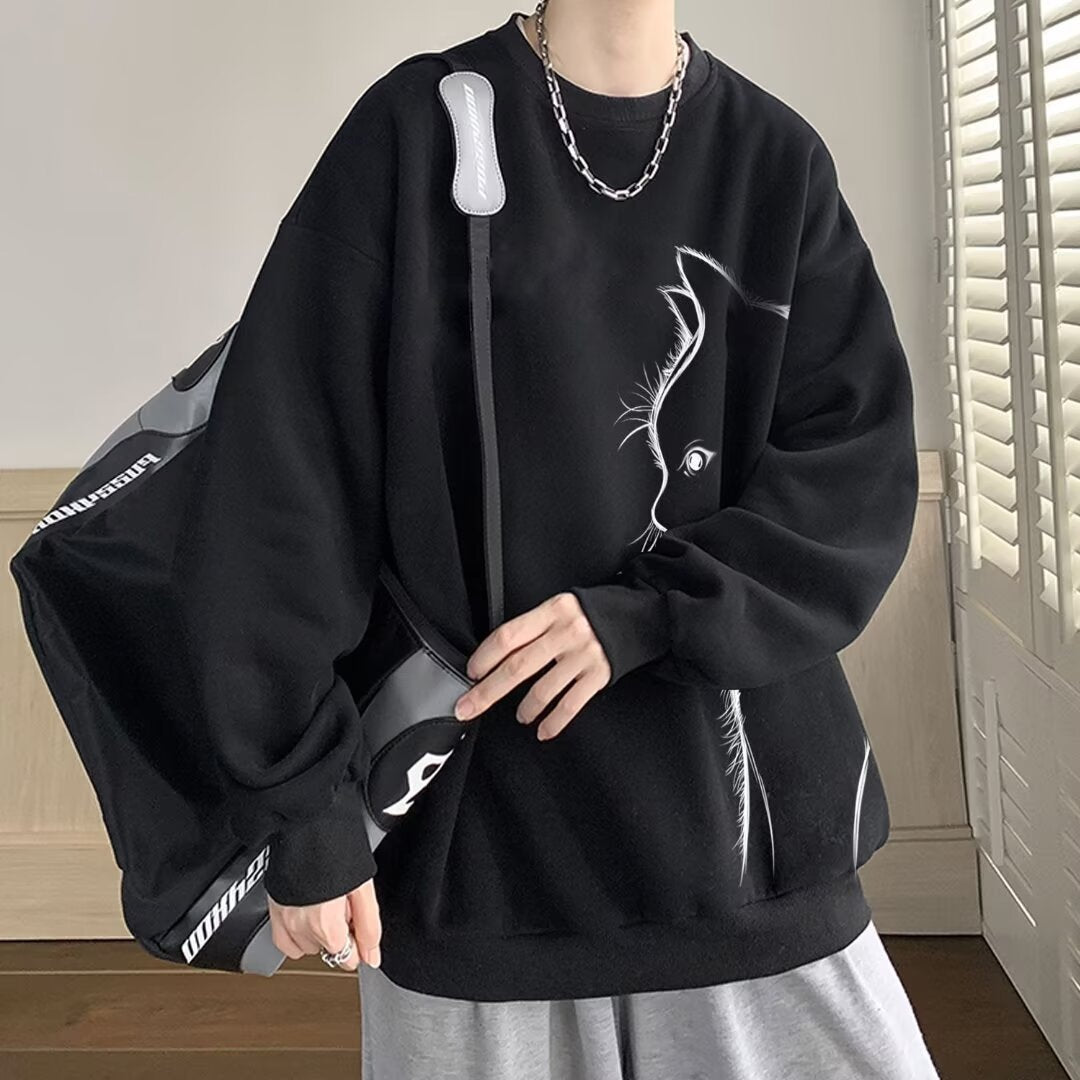 Cat Round Neck Long Sleeve Sweater Black