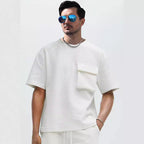 Patch Pocket Champray Crew Neck Casual Loose 5-point Sleeve Top
