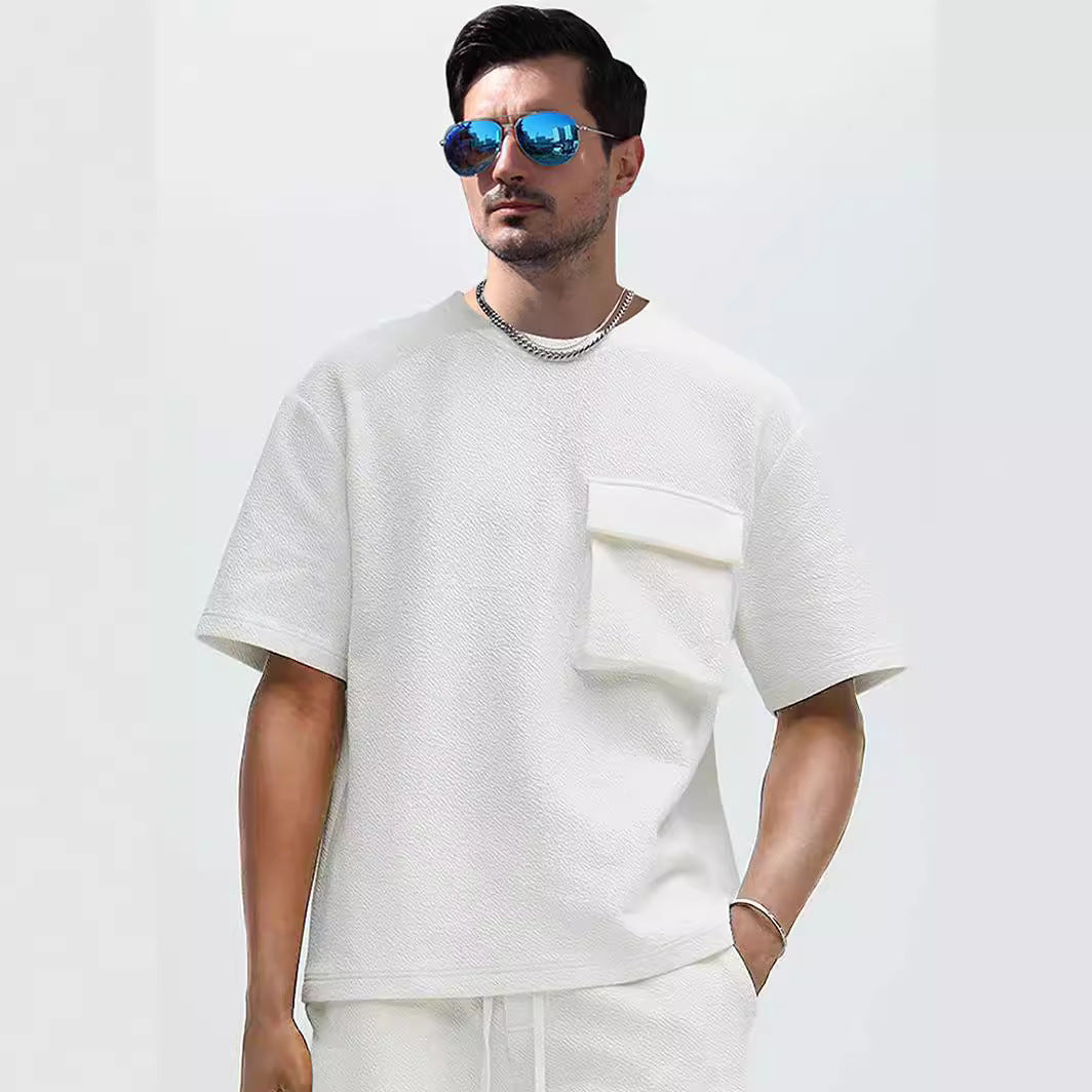Patch Pocket Champray Crew Neck Casual Loose 5-point Sleeve Top White