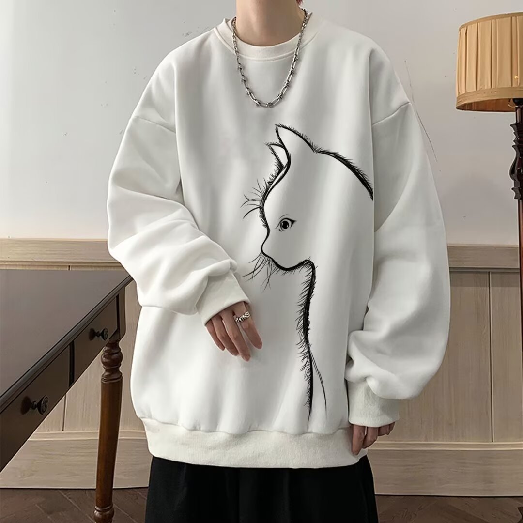 Cat Round Neck Long Sleeve Sweater White
