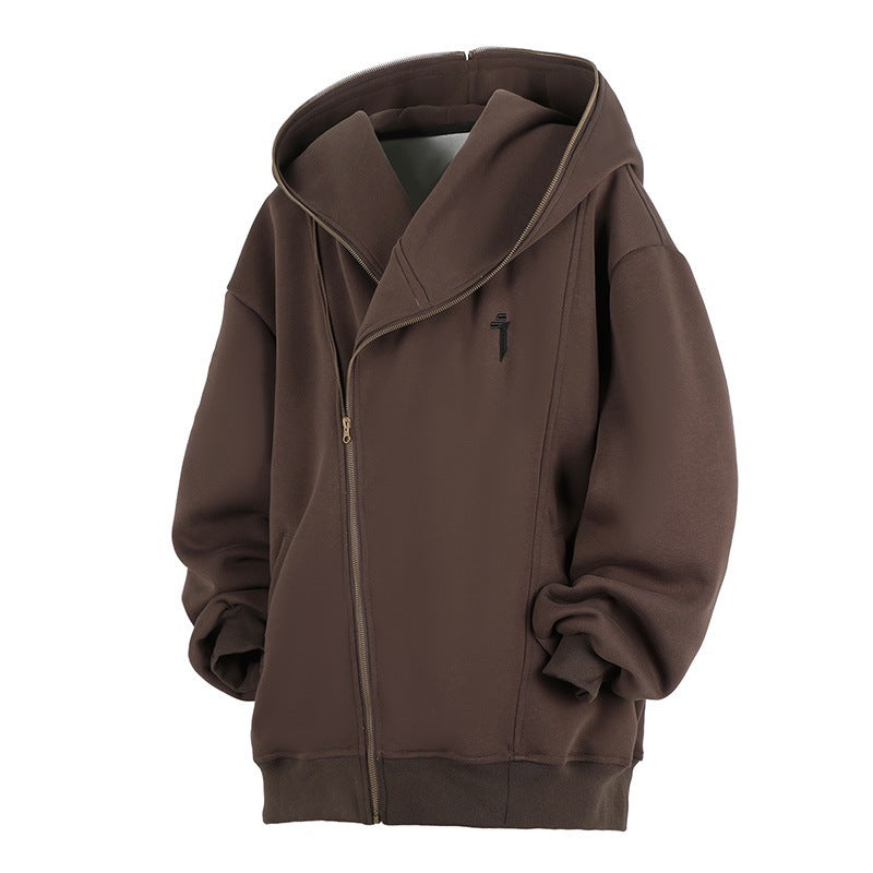Oblique Zipper Hooded Cardigan Sweater Baggy Coat Brown