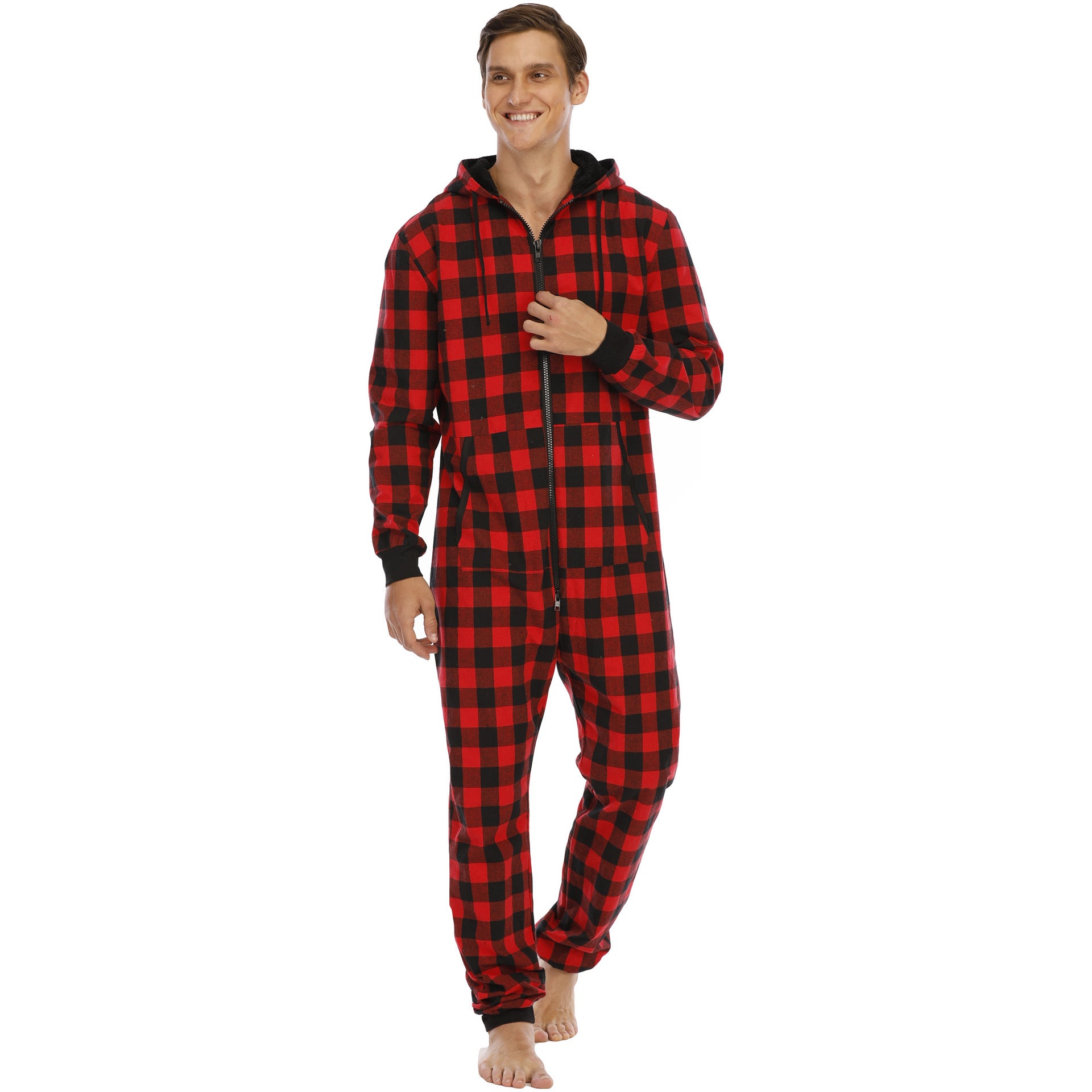 Flannel Check Hooded One-piece Pajamas Red