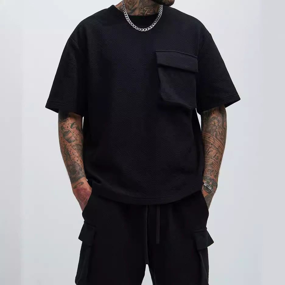 Patch Pocket Champray Crew Neck Casual Loose 5-point Sleeve Top