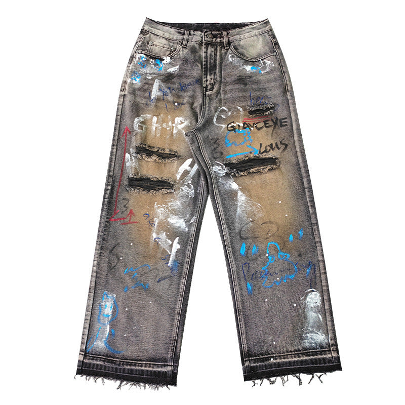 Street Graffiti Ripped Straight Jeans