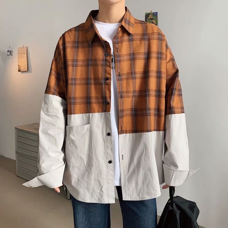 Japanese plaid stitching shirt Yellow