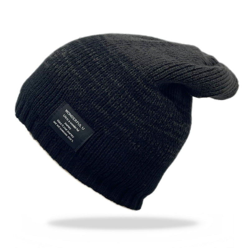 Mixed Color Plus Fluff Knitted Hat Black Free Size