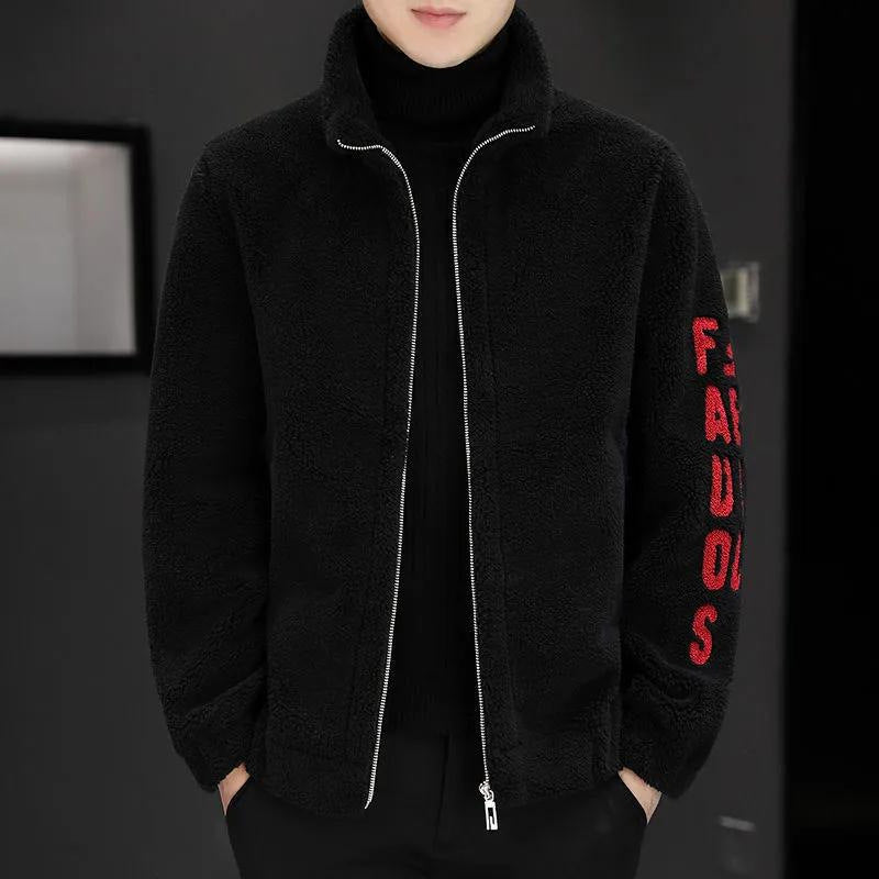 Cashmere Stand Collar Jacket Sweater Fur Integrated Lambswool Men's Coat Black