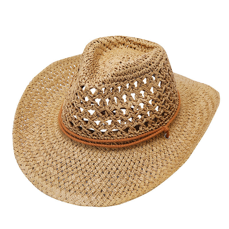 Western Cowboy Hat Foldable Hollow Raffia Hat Men And Women Khaki M56to58cm