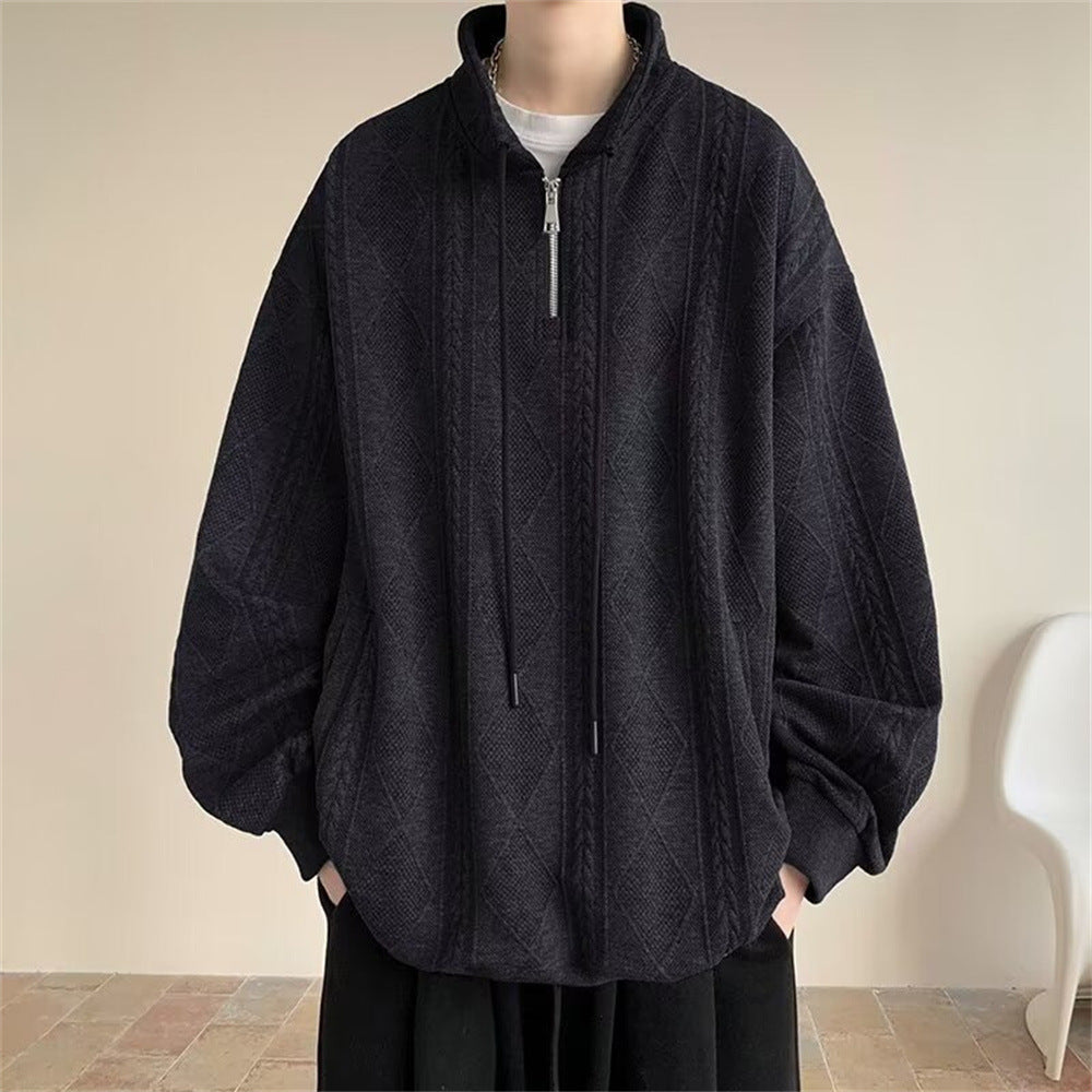 Half Zipper Creamy-white Jacquard Stand Collar Sweater Black