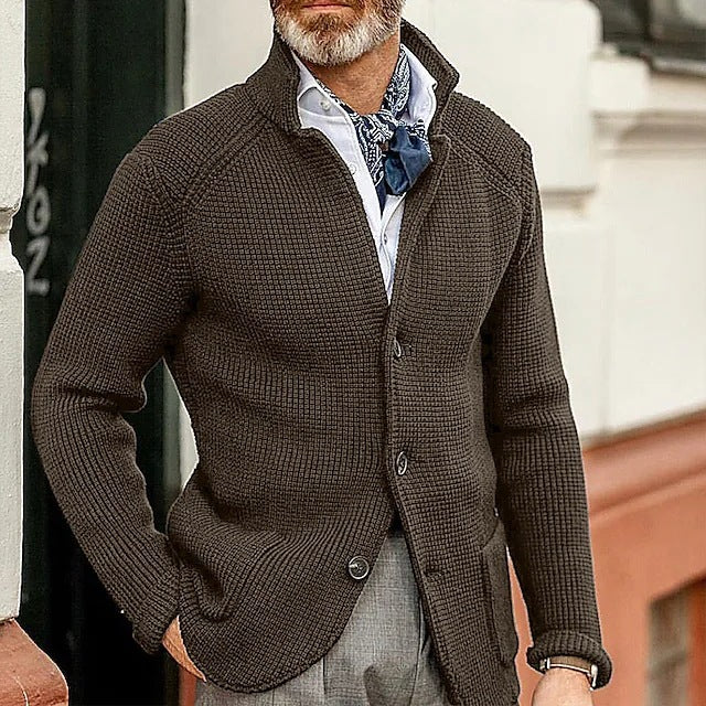 Long-sleeved Knitted Cardigan Stand Collar Sweater Coffee 1 piece