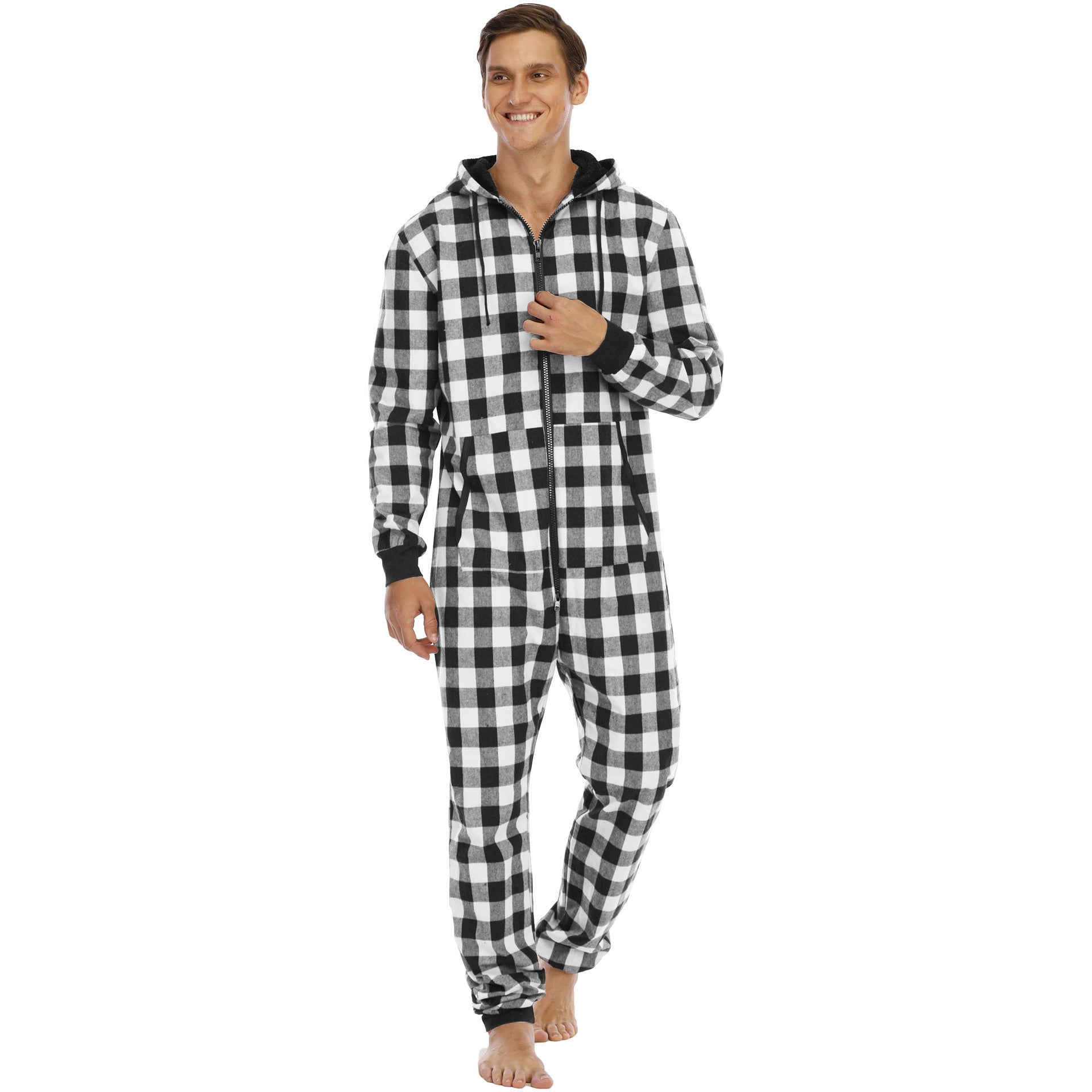 Flannel Check Hooded One-piece Pajamas White black