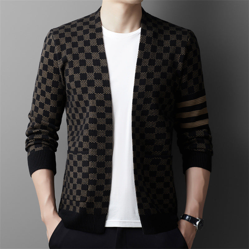 V-neck Plaid Sweater Deep Coffee