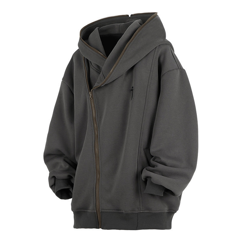 Oblique Zipper Hooded Cardigan Sweater Baggy Coat Gray