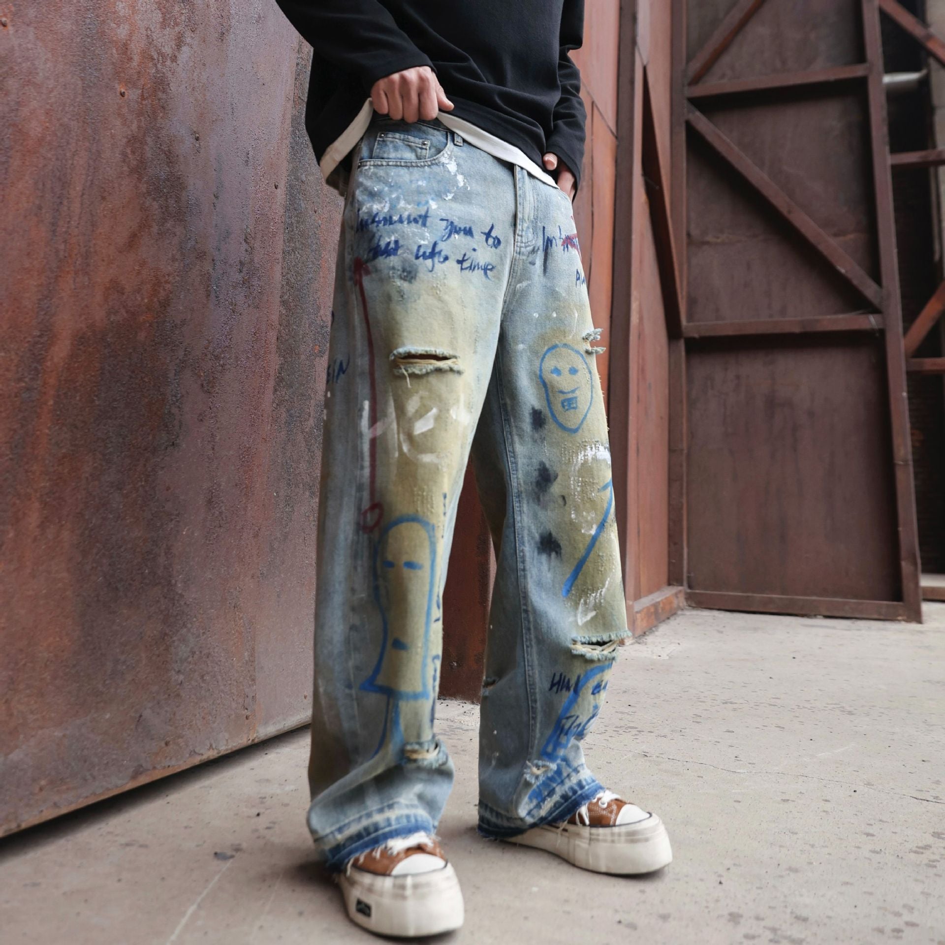 Street Graffiti Ripped Straight Jeans Light Blue