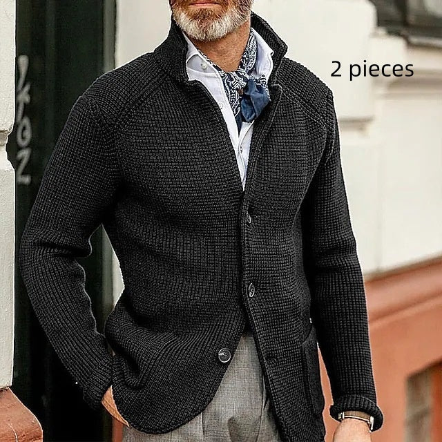 Long-sleeved Knitted Cardigan Stand Collar Sweater Black 2 pieces