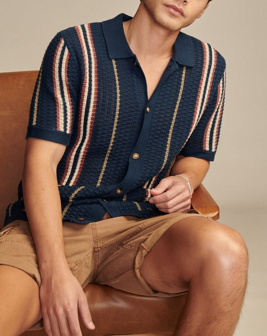 Hollow-out Knitted POLO Cardigan Blue