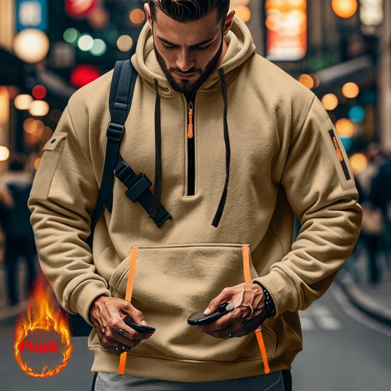 Casual Multi-zipper Arm Pocket Sweatshirt Khaki