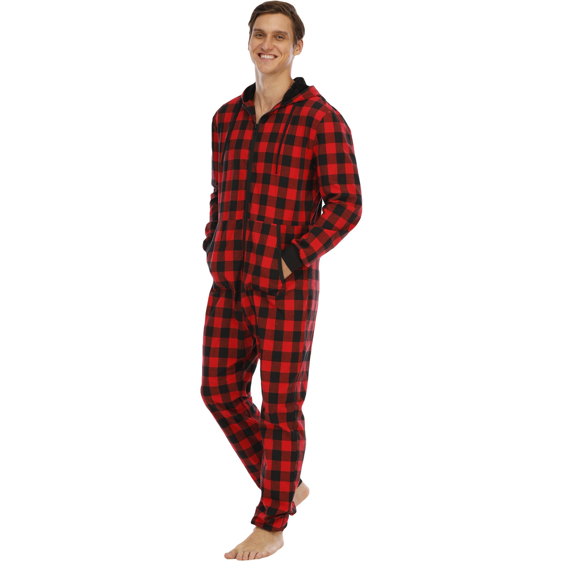 Flannel Check Hooded One-piece Pajamas