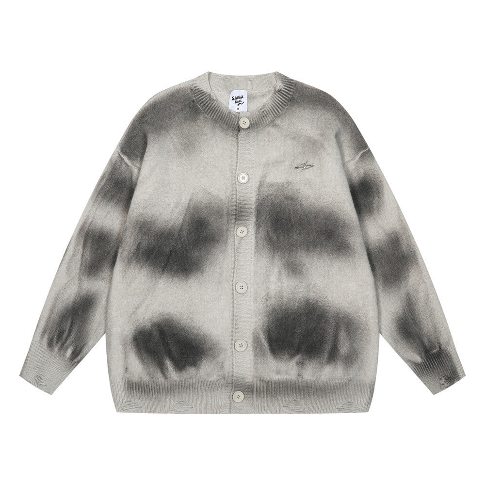 Tie-dyed Distressed Cardigan Sweater Gray