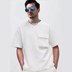 Patch Pocket Champray Crew Neck Casual Loose 5-point Sleeve Top