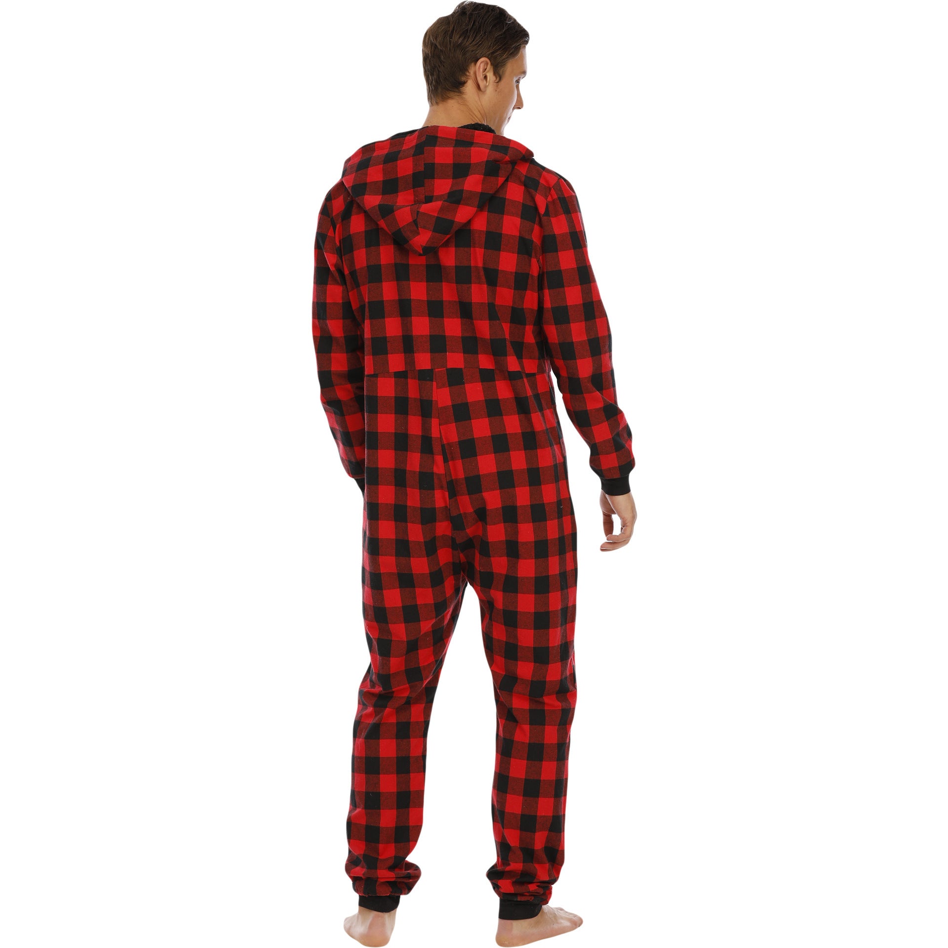 Flannel Check Hooded One-piece Pajamas