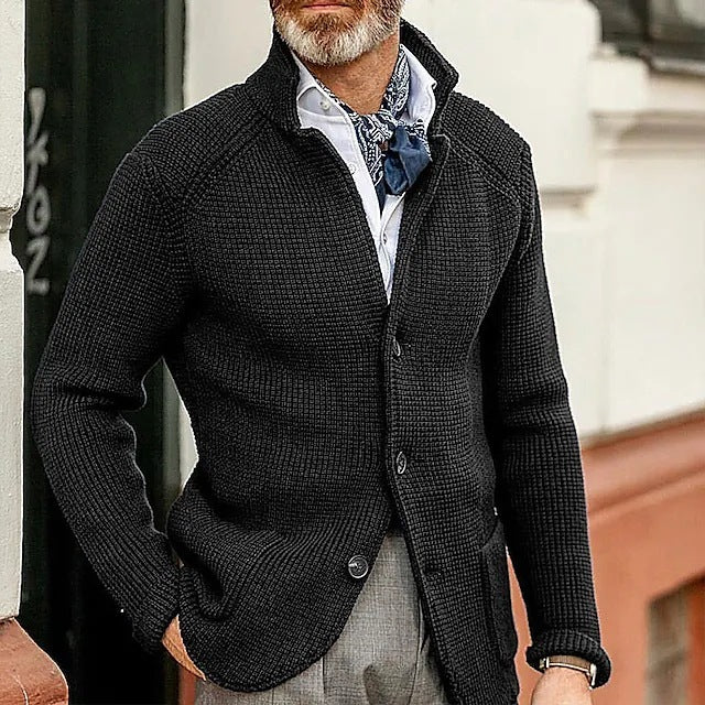 Long-sleeved Knitted Cardigan Stand Collar Sweater Black 1 piece