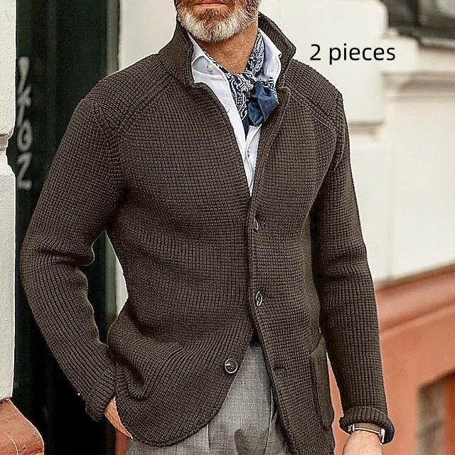 Long-sleeved Knitted Cardigan Stand Collar Sweater Coffee 2 pieces