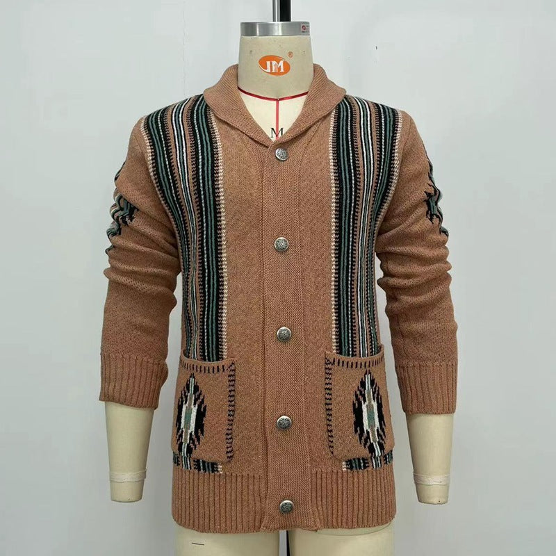 Vintage Knitted Sweater Fashion Jacquard Lapel Cardigan Brown