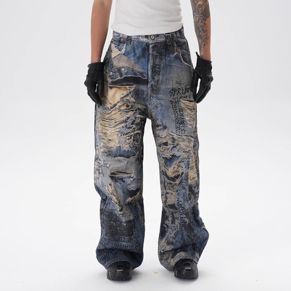 Ripped Graffiti Straight Jeans