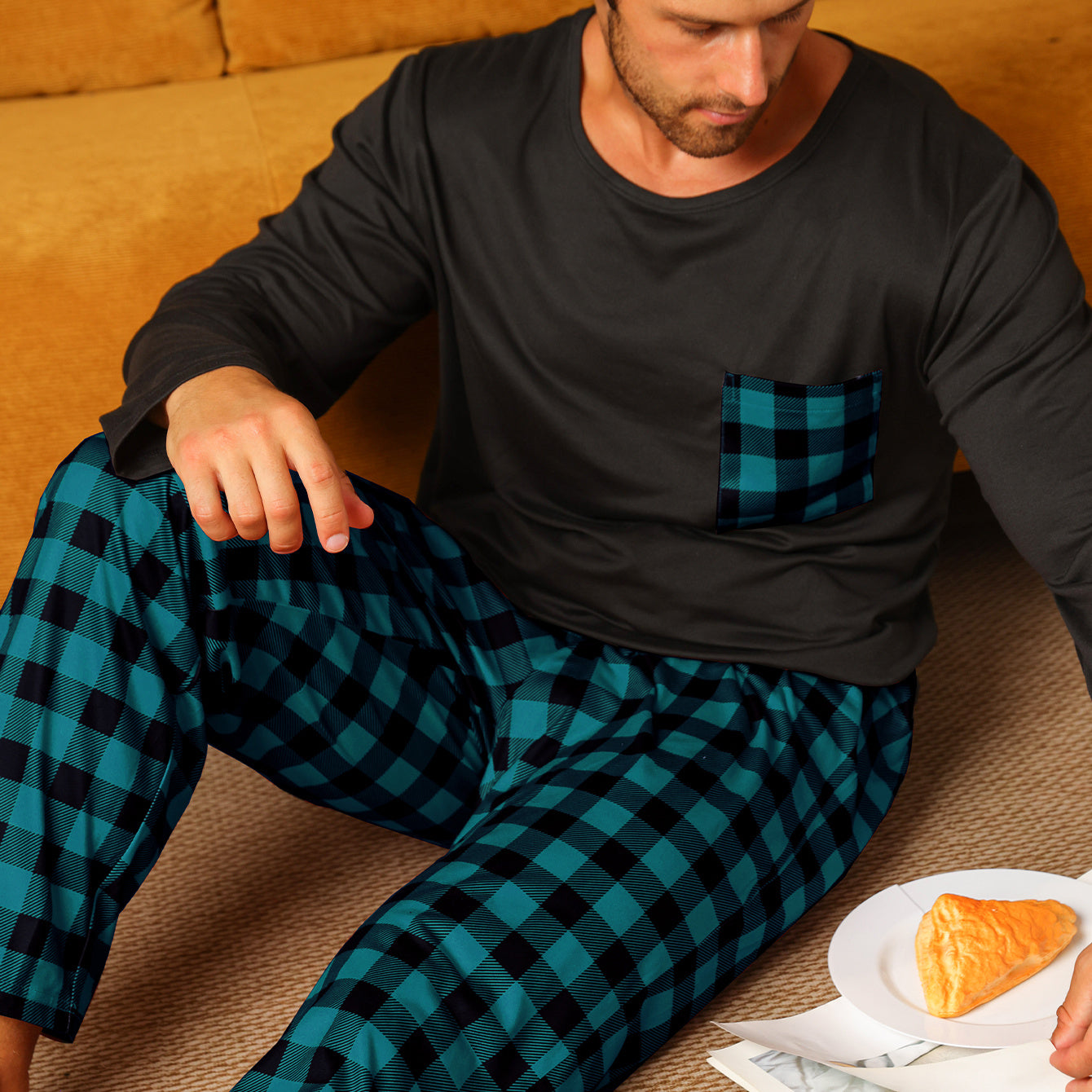 Ice Silk Long Sleeve Long Pants Pajama Set Cyan